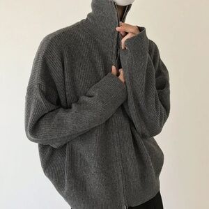 London Fog Mens Full Zip Sweater Cardigan Chunky Cable knit Wool blend Gray 2XL